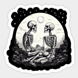 Gothic Skeleton Lovers, Eternal Love, Moon Black & White Illustration Sticker